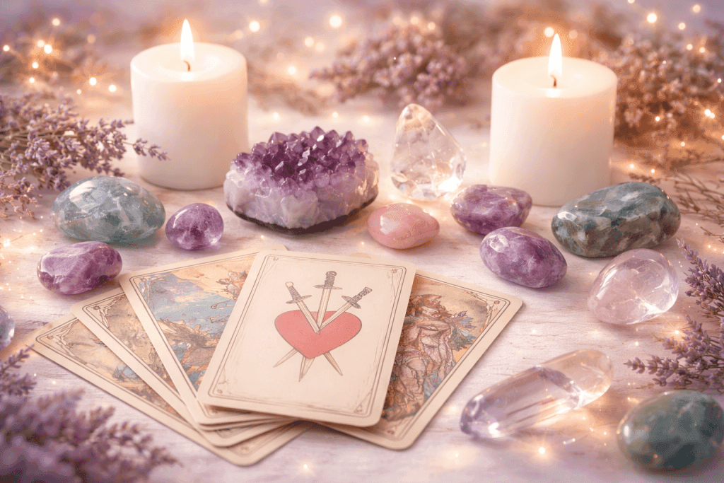 Tarot cards ,crystals and candles used by psychic Keri love blockages and spiritual energy work.''