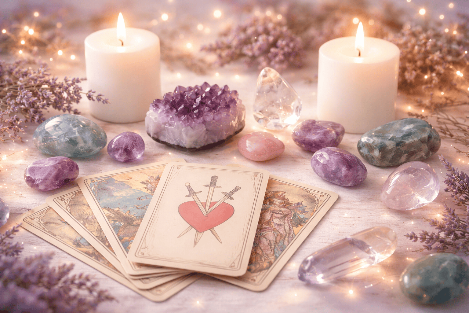 Tarot cards ,crystals and candles used by psychic Keri love blockages and spiritual energy work.''