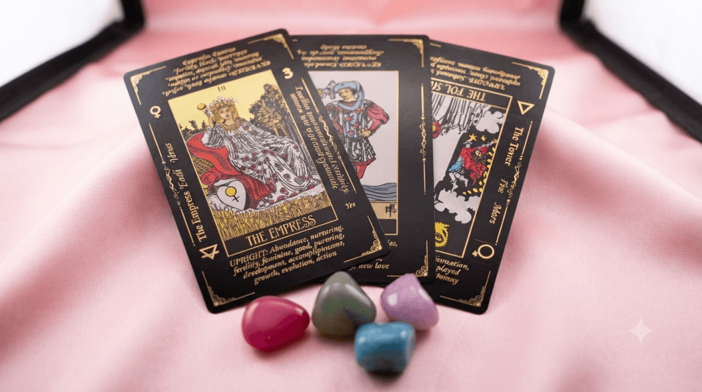 Tarot cards The Empress,The Fool,and The Tower with love and healing crystals pink background